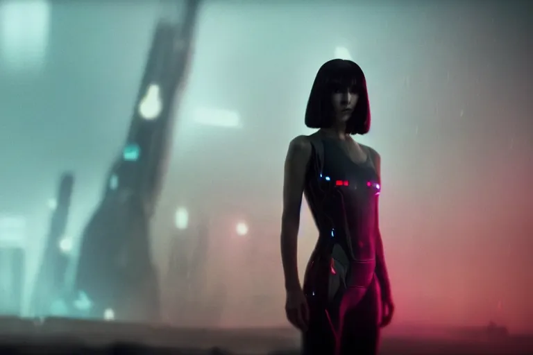 Image similar to film still of closeup cyborg beautiful model in blade runner 2 0 4 9, space port, cinematic, moody, gritty neon noir by emmanuel lubezki