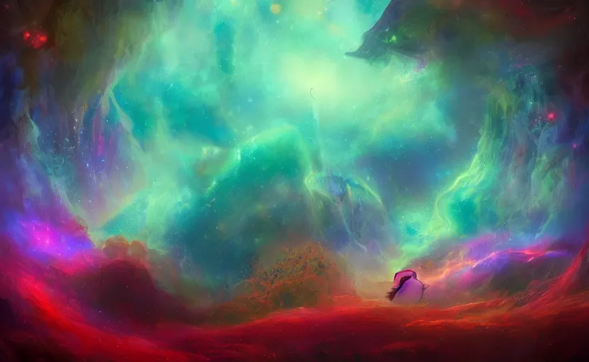 Image similar to In my dream, I was floating through a nebula of swirling colors. I could see strange, otherworldly creatures swimming through the mist, their eyes glowing with an inner light. It was a beautiful and eerie sight, and I felt both fascinated and terrified at the same time. trending on artstation