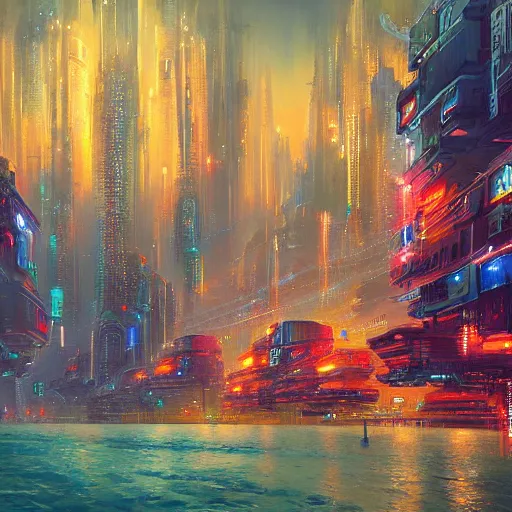 Image similar to a Stunning painting of A Great cyberpunk city on the sea by Paul Lehr,concept art,hyper detailed,digital art,highly realistic,8K Resolution