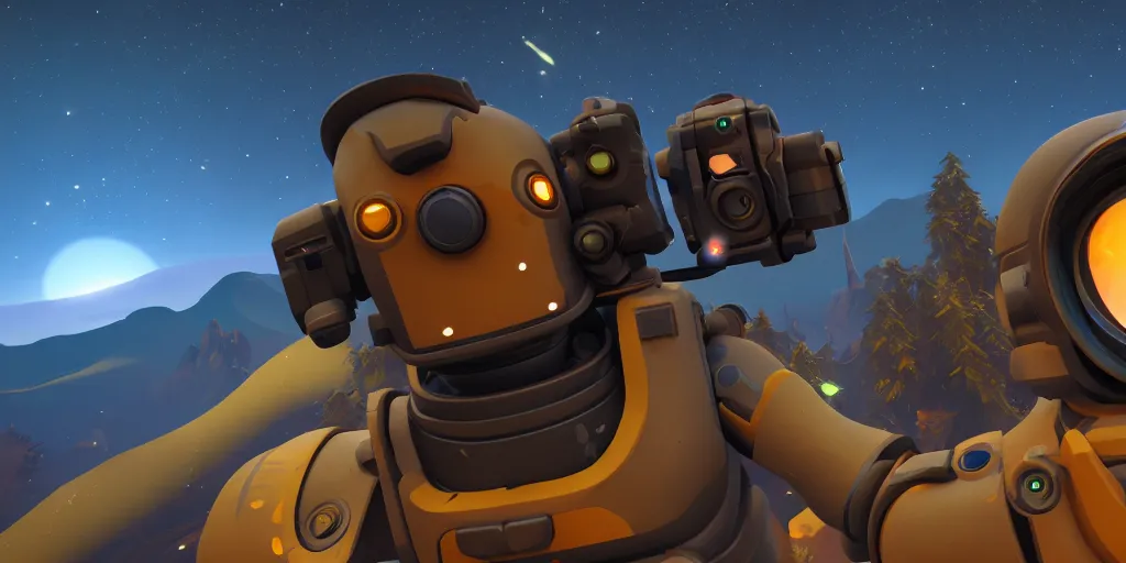 Prompt: selfie of a outer wilds character holding a camera, outer wilds screenshot, unreal engine, digital art
