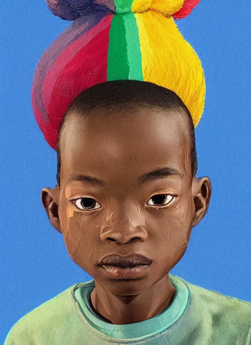 Image similar to colourful upper half portrait of an african boy with exaggerated facial features - art by aya takano & hsiao - ron cheng, highly detailed, caricature, digital painting, illustration, smooth, sharp focus, intricate, symmetry, pinterest, behance, artstation