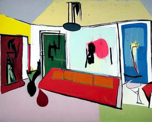 Prompt: painting of an empty living room by graham sutherland, basquiat, neo - expressionism, pastel colors!!!