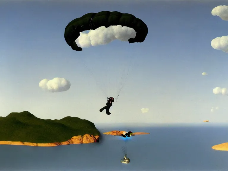 Image similar to Tom Cruise parachuting on a small island in the middle of a big lake painting by rene magritte, high detail, high resolution