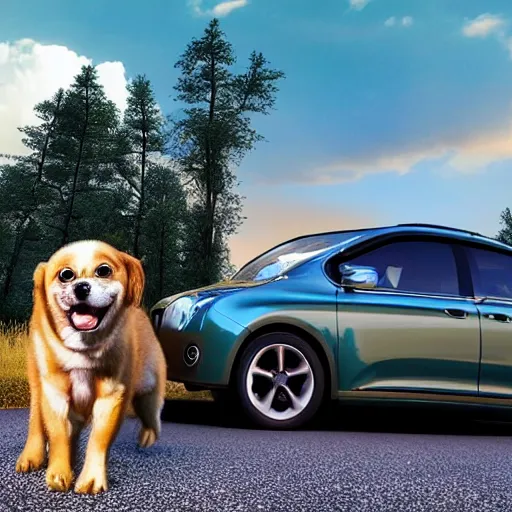 Prompt: a car with two cute dogs in the front seats, a happy dog in the back seat, driving on a country road, photorealistic