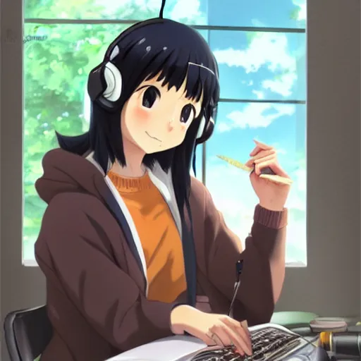 Prompt: Anime portrait painting of a black haired girl wearing headphones while studying in her warm cozy home, by makoto shinkai, relaxed, calm, atmospheric, peacefull, trending on artstation, kimi no na wa