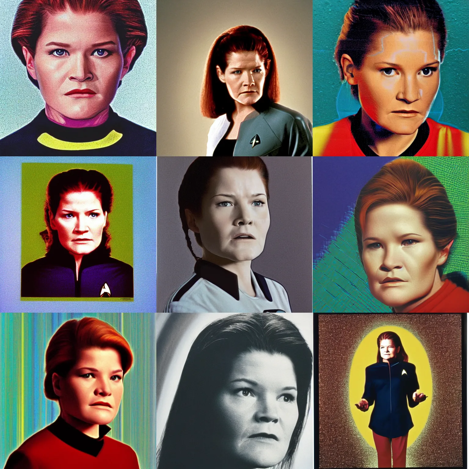 Prompt: tv still of young captain janeway in star trek voyager ( 1 9 9 5 ) by chuck close