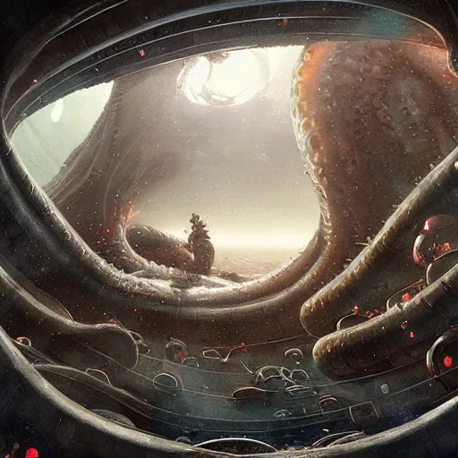 Image similar to The giant octopus monster through the spaceship window, wide shot, broad detail, by Greg Rutkowski