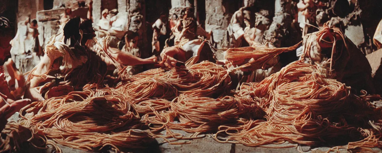 Image similar to the fall of the roman empire, spaghetti everywhere, high detail, canon 5 0 mm, cinematic lighting, photography, film, kodachrome