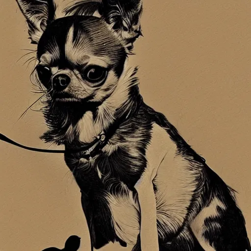 Prompt: portrait of a chihuahua looking angry by martin ansin, comic book art, frank miller, artstation, highly detailed, cinematic, extremely detailed, high quality