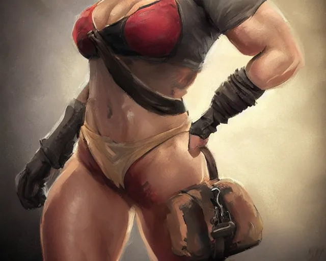 Image similar to portrait of a very beautiful female bodybuilder ww ii soldier in team fortress 2 style, epic, tragic, dark fantasy art, fantasy, pretty, hd shot, digital portrait, beautiful, artstation, comic style, by artgerm, guy denning, jakub rozalski, magali villeneuve and charlie bowater