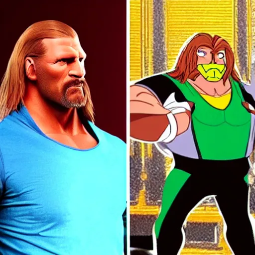 Prompt: Full body picture of Triple H as a Disney character in his in-ring gear, Disney, cartoon, Disney style