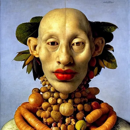 Image similar to very very beautiful portrait photo made from primitive objects, Perfect face, extremely high details, realistic, by Giuseppe Arcimboldo, Edward Hopper, Rene Margitte