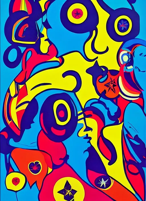 Image similar to a 6 0's style poster, hippie art in peter max colors by alex gray and karl ferris