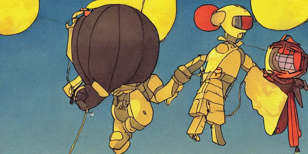 Prompt: Lord Canti protects Mamimi by transforming into a hot air balloon and carrying her away into the sunset
