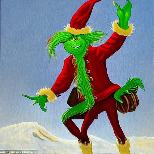 Image similar to a painting of the grinch dressed as a highwayman robbing a stagecoach