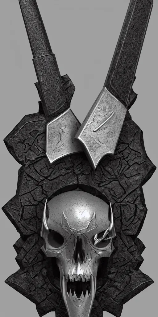 Prompt: a black and silver axe skull crest, ornament, dwarven weapon, by dom qwek, trending on artstation, hard surface modeling, axe, ax