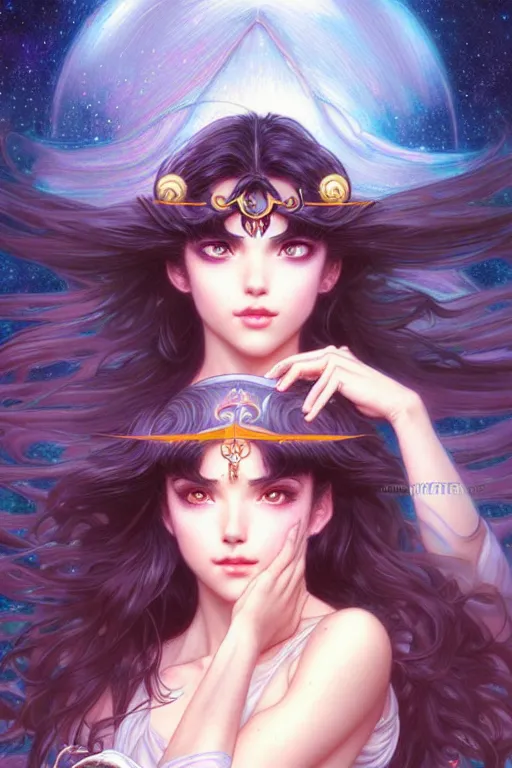 Image similar to a beautiful girl with long dark hair and bangs, sailor moon aesthetic, fantasy, intricate, elegant, highly detailed, digital painting, artstation, concept art, matte, sharp focus, illustration, art by Artgerm and Greg Rutkowski and Alphonse Mucha