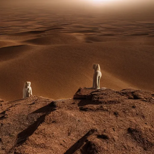 Prompt: wide angle shot of two sphinxes, one on each side, looking down on an adventurer, dusty desert, dramatic light, god rays, dreamlike