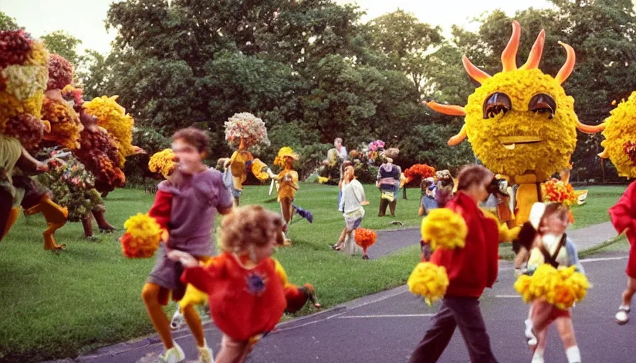 Prompt: 1990s candid photo of a beautiful day at the park, cinematic lighting, cinematic look, golden hour, large personified costumed flower people in the background, Enormous flower people mascots with friendly faces chasing kids, kids talking to flower people that are kinda scary, UHD