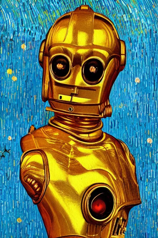 Prompt: bright beautiful oil painting portrait of c 3 po dressed like a 1 9 th century dandy, light scatter, van gogh