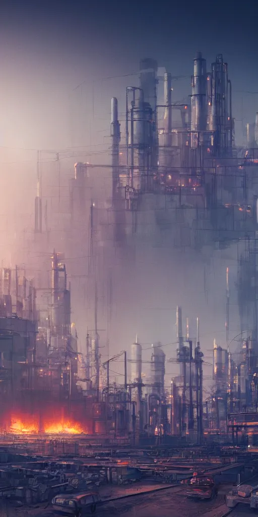 Prompt: large oil factories in the distance, fire, dust storm, futuristic, desert, cyberpunk theme, high detail, trending on art station