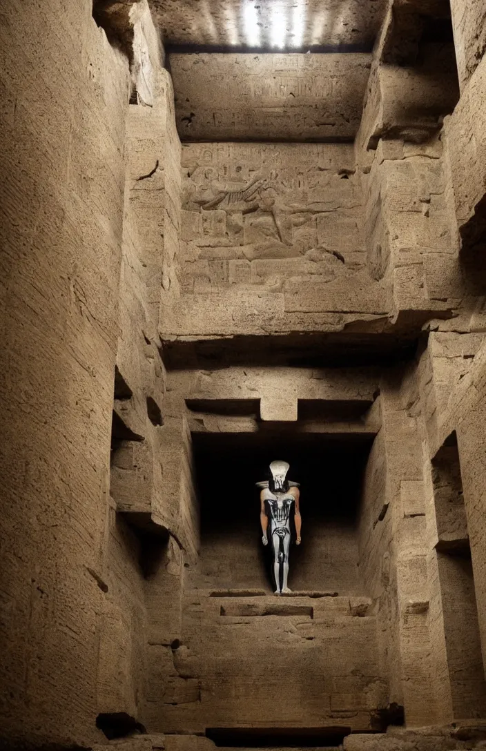 Image similar to punisher symbol is giant entrance into ancient egyptian temple with luminous smoke and light rays.