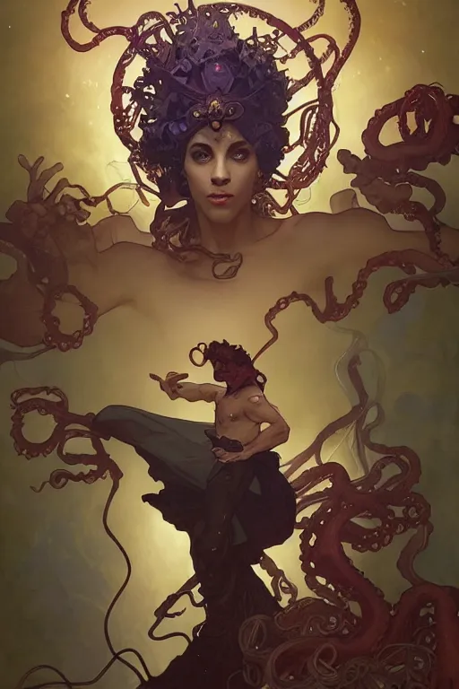 Image similar to Prince and the revolution , a golden crown floating above his head, tentacles coming out the ground art by Artgerm and Greg Rutkowski and Alphonse Mucha and Craig Mullins and James Jean and Andrei Riabovitchev and Marc Simonetti and peter mohrbacher, sharp focus, ominous, cosmic horror, trending on artstation, Ultra detailed, hyper realistic 4k