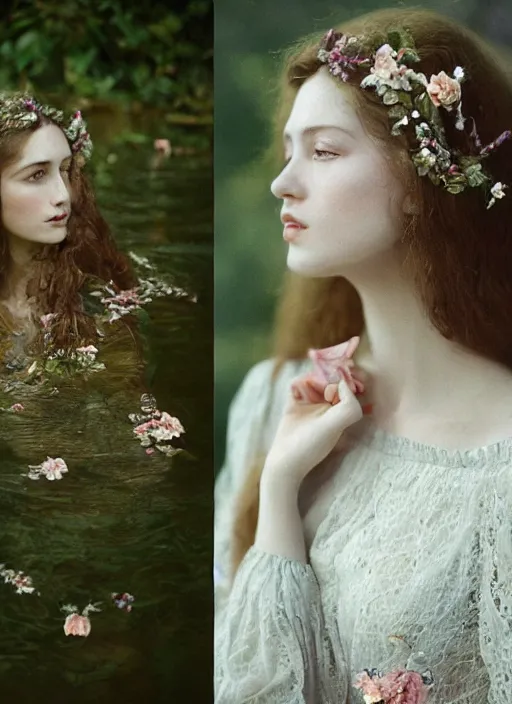 Image similar to Kodak Portra 400, 8K, soft light, volumetric lighting, highly detailed, britt marling style 3/4, Close-up portrait photography of a beautiful woman how pre-Raphaelites a woman with her eyes closed is surrounded by water face is surrounded by fish, she has a beautiful lace dress and hair are intricate with highly detailed realistic beautiful flowers , Realistic, Refined, Highly Detailed, natural outdoor soft pastel lighting colors scheme, outdoor fine art photography, Hyper realistic, photo realistic