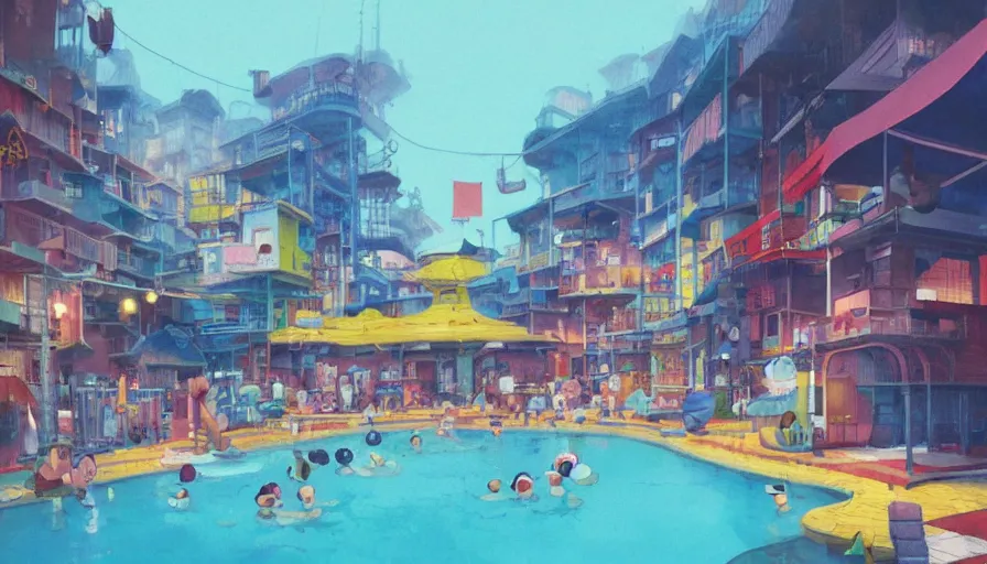 Image similar to Busytown swimming pool, optimistic colors, fun, moody, city background, by studio ghibli and greg rutkowski