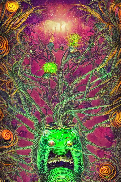 Image similar to creature sushi roots cactus elemental flush of force nature micro world fluo light deepdream a wild amazing steampunk baroque ancient alien creature, intricate detail, colorful digital painting radiating a glowing aura global illumination ray tracing