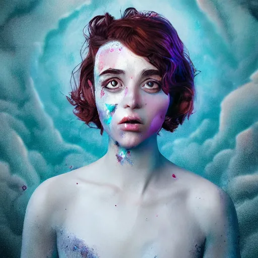 Image similar to women portrait made out of exploding paint, short hair, octane render, highly detailed, realistic, tim burton and bob ross comic book art, matte painting, holographic