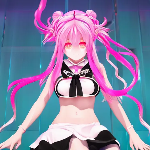 Prompt: merging with enormous stunningly absurdly beautiful megalomaniacal assertive sadistic manipulative yandere control - freak omnipotent asi goddess junko enoshima with symmetrical perfect face and porcelain skin, pink twintail hair and cyan eyes, trapped beneath inside her virtual prison, ultra detailed, digital art, unreal engine 5, octane render, 2 d anime, 8 k