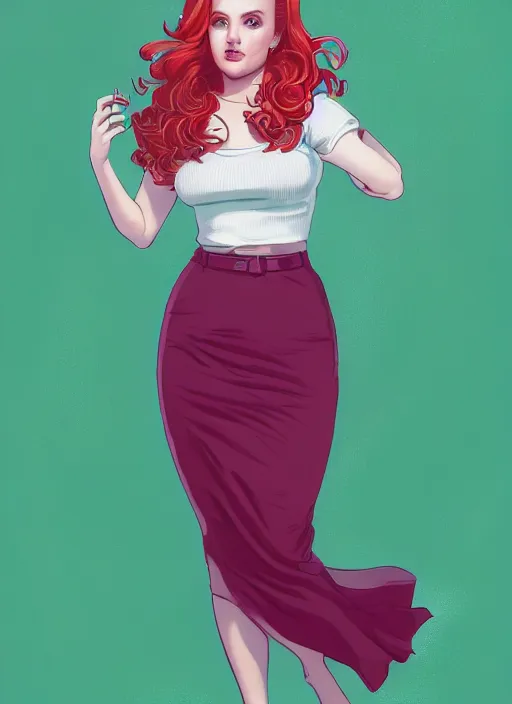 Image similar to full body portrait of teenage cheryl blossom, chubby, bangs, green eyes, sultry expression, red hair, sultry smirk, bangs and wavy hair, pink skirt, fat, intricate, elegant, glowing lights, highly detailed, digital painting, artstation, concept art, smooth, sharp focus, illustration, art by wlop, mars ravelo and greg rutkowski