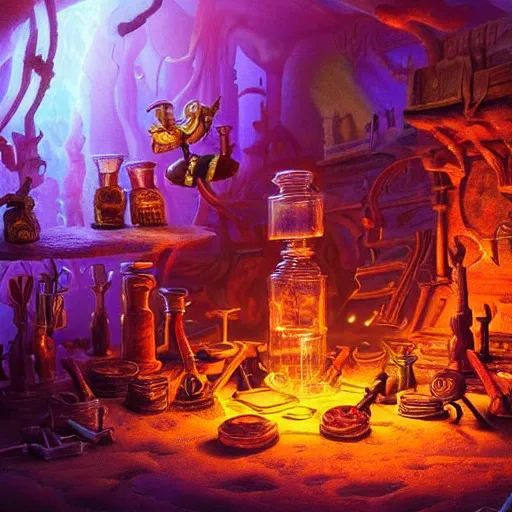 Image similar to these monsters are consumed by fire, yet they remain unharmed. they are surrounded by the tools of the alchemist's trade - beakers and test tubes full of colorful liquids, crystals, and books of ancient knowledge. the scene is suffused with an eerie glow, as if something magical is happening here. dramatic lighting epic glows eerily beautiful photograph