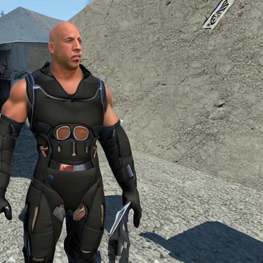 Prompt: Vin Diesel donning an HEV Mk. V suit starring in Half-Life 2