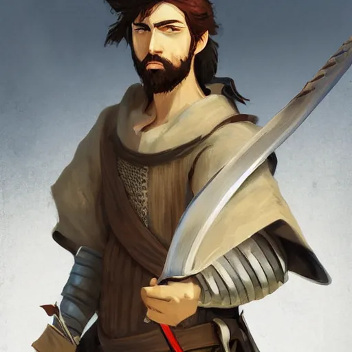 Prompt: portrait of a young medieval swordsman with a beard holding his sword highly detailed, digital painting, concept art, sharp focus, by makoto shinkai