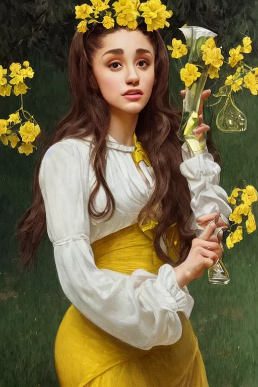 Prompt: beautiful cottagecore Ariana Grande holding a yellow colored vase. intricate, elegant. the background is yellow with voumetric lighting !. highly detailed, digital painting, artstation, concept art, smooth, sharp, focus, illustration. . art by artgerm and greg rutkowski and alphonse mucha