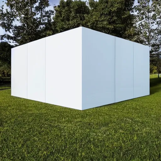 Prompt: A cube about ten meters long, composed of an unknown, glossy white plastic polymer. A large metal door is attached to one face of the cube. It is unclear if the door was originally with the SCP, or if someone installed it before the SCP Foundation acquired the object. The inside dimensions of this cube are roughly the same as the outside, the sides are reduced by a few centimeters, but two of the remaining three walls 1 have doors. These doors all lead to identical rooms, and each room has two more doors that lead to more identical rooms. As far as the research team was able to detect, the pattern kept repeating. The location of these doorways appears to be random; no regularity has been found to indicate which two of the three walls have doors