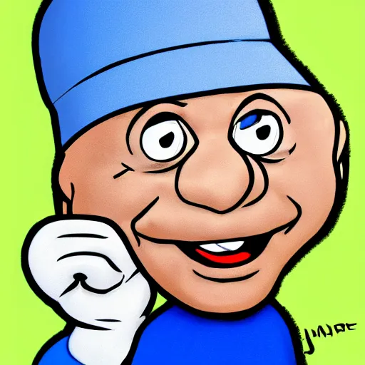 Prompt: Sajid Javid as a smurf with a white hat, 1980s cartoon, flat shading, 2D, by Peyo