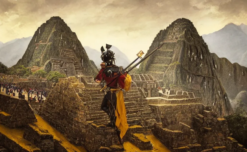 Prompt: spanish conquer soldier francisco pizarro stealing gold on a inca temple, greg rutkowski, zabrocki, karlkka, jayison devadas, trending on artstation, 8 k, ultra wide angle, zenith view, pincushion lens effect