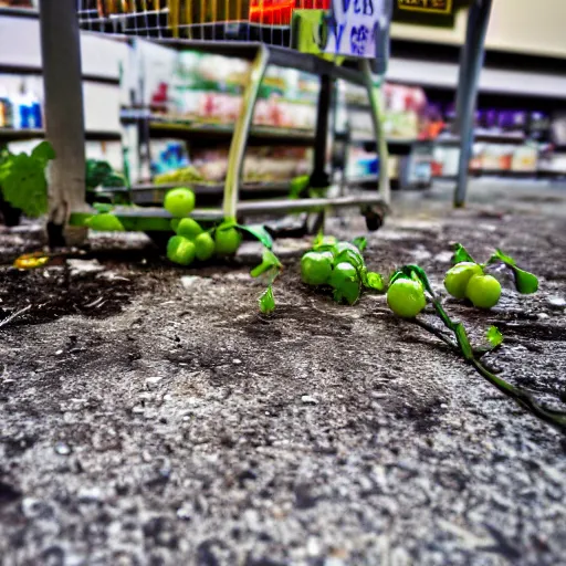 Prompt: a ransacked grocery store, broken signs, filthy flooring. Vines growing. Jpeg artifacts. Award-winning photo. Sigma 40mm f/1.4 DG HSM