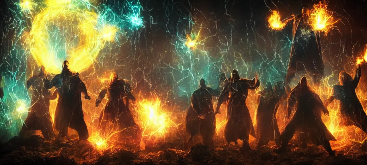 Image similar to Photorealistic still image of six wizards standing in dark cave and shoot fireballs from their magic staffs at DC comic character Black Adam, dark ancient atmosphere, full of glowing bouncing particles floating randomly from ground, dramatic lighting, fluidy colorful particles rising from ground, realism of hollywood movie with incredible amount of fine details