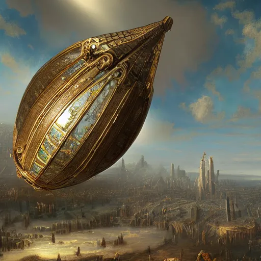 Image similar to enormous flying city in a faberge egg, sky, steampunk, fantasy art, masterpiece, hugh ferriss, unreal engine, andreas achenbach cloudy background, latticework