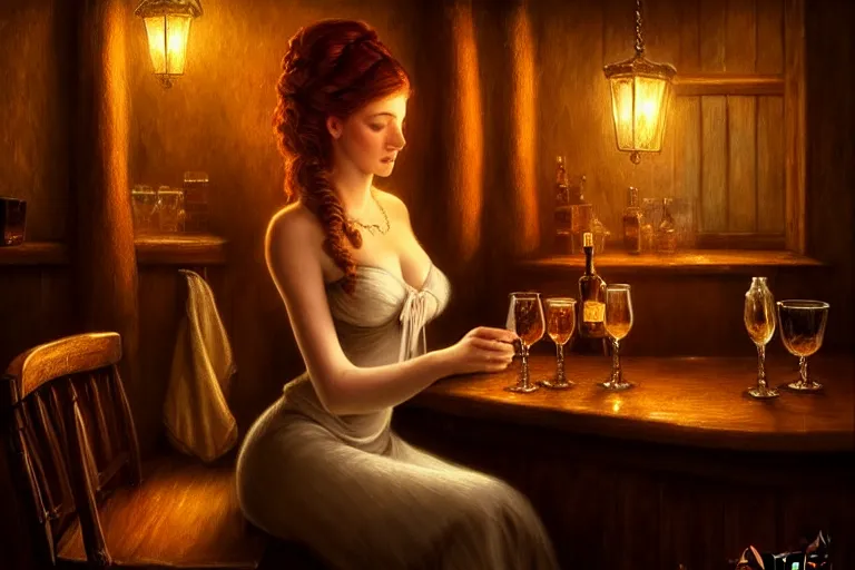 Prompt: a beautiful barmaid, dimly lit cozy tavern, relaxed pose, fantasy, intricate, elegant, dramatic lighting, emotionally evoking symbolic metaphor, highly detailed, lifelike, photorealistic, digital painting, artstation, concept art, smooth, sharp focus, illustration, art by John Collier and Albert Aublet and Krenz Cushart and Artem Demura and Alphonse Mucha, masterpiece