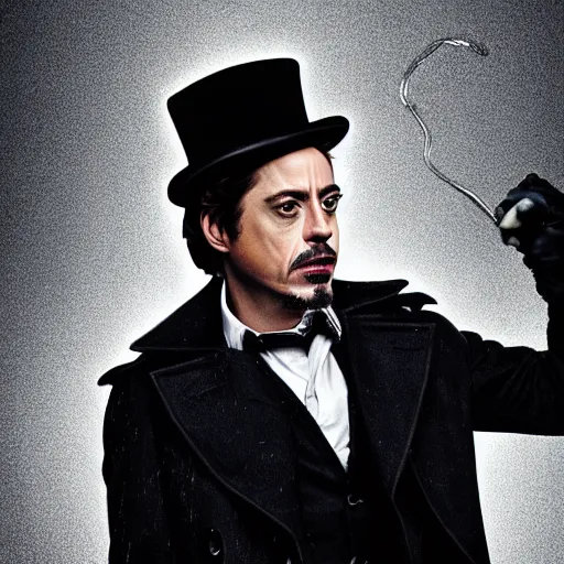 Image similar to photograph portrait of robert downey junior with a trenchcoat and tophat, rain, night, dense fog, hyperdetailed