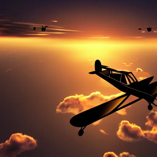 Image similar to the silhouette of a biplane flying through golden clouds at sunset, digital art, detailed, 4 k, artstation