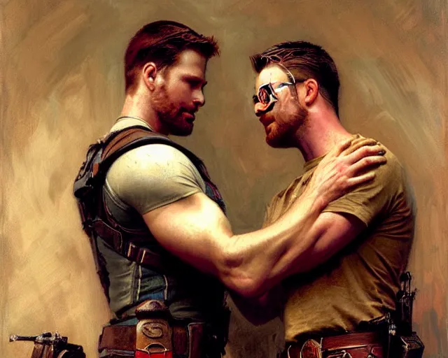 Image similar to stephen amell comforting chris evans, painting by gaston bussiere, craig mullins, j. c. leyendecker