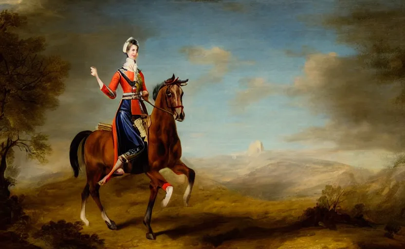 Prompt: woman in napoleonic dress standing on a galloping horse on a battlefield