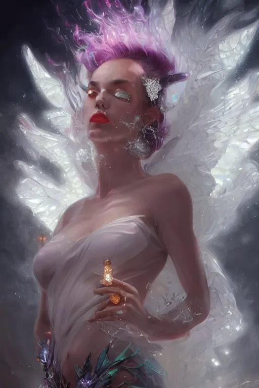 Image similar to torso closeup model wearing exploding crystal white dress, sorcerer, diamonds, angel, fantasy, dramatic lighting, highly detailed, digital painting, holding electricity, magic the gathering, hyper detailed, 3 d render, hyper realistic detailed portrait, peter mohrbacher, wlop, ruan jia