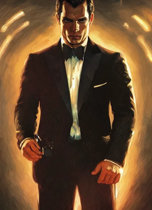 Prompt: portrait of henry cavill as james bond, casino, falling poker cards, key art, highly detailed, digital painting, artstation, concept art, cinematic lighting, sharp focus, illustration, art by artgerm and greg rutkowski and alphonse mucha